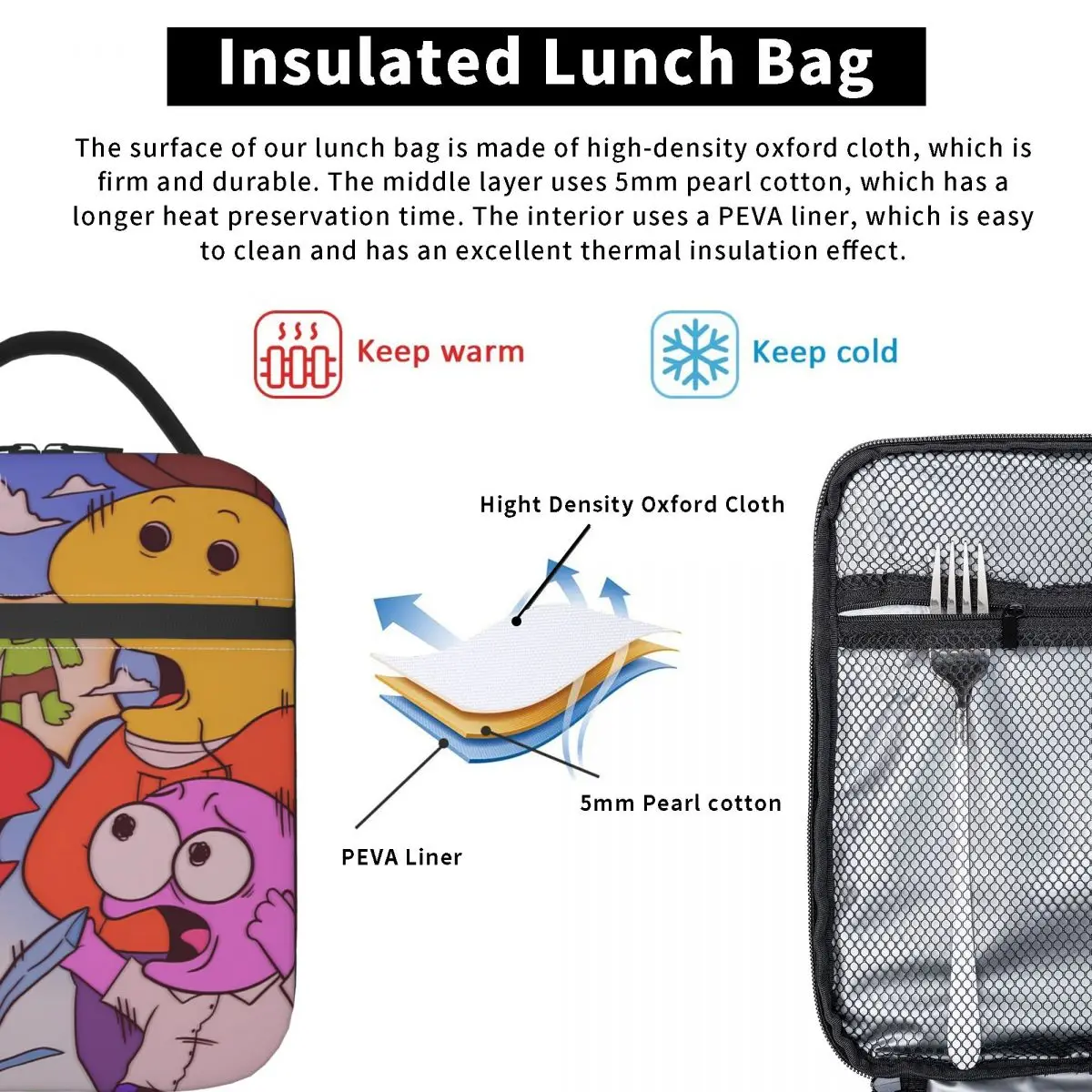 Smiling Friends Pim And Charlie Cartoon Lunch Bag For Women Print Lunch Box Funny Cooler Bag Portable Waterproof Tote Food Bags - Image 3